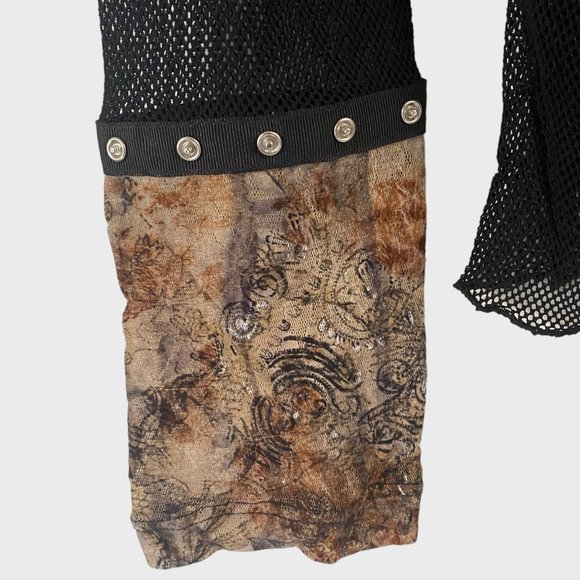 Isabel Leather & Mesh Button-Up Blouse Womens Medium Black Abstract Panel Top - Picture 8 of 14